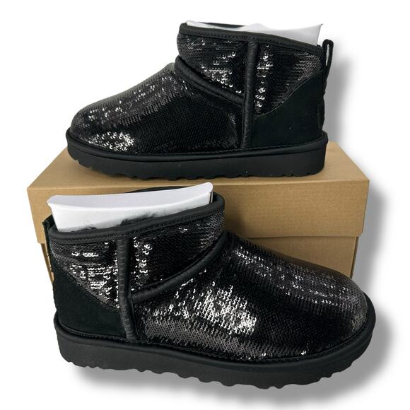 NEW UGG Black Sequin Classic Ultra Mini Boots Size 5 Mirror Ball Short Booties